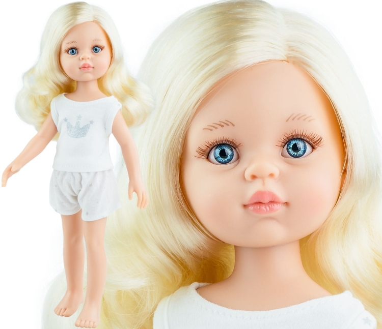 Lalka Hiszpańska 32 cm Paola Reina Amigas 13215 Claudia, klasyczna, cała z winylu, w piżamce, jasnoblond włosy, niebieskie oczy