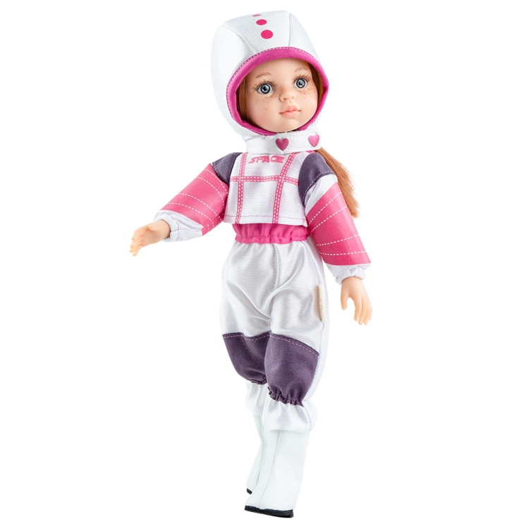 Lalka Hiszpańska 32 cm Paola Reina Amigas 04660 Karine, klasyczna, cała z winylu, niebiesko-szare oczy, piegi na buzi, ciemnorude włosy, kombinezon astronautki, hełm, buciki