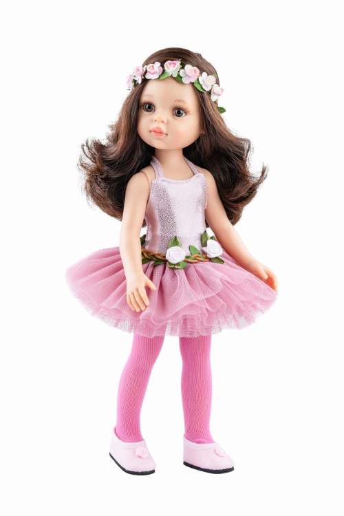 Lalka Hiszpańska 32 cm Paola Reina Amigas 04446 Carol baletnica, klasyczna, cała z winylu, brązowe oczy, brązowe włosy, strój baletnicy: różowe body baletowe z tiulem, wianek opaska na głowę, rajstopki, buciki z kwiatuszkiem