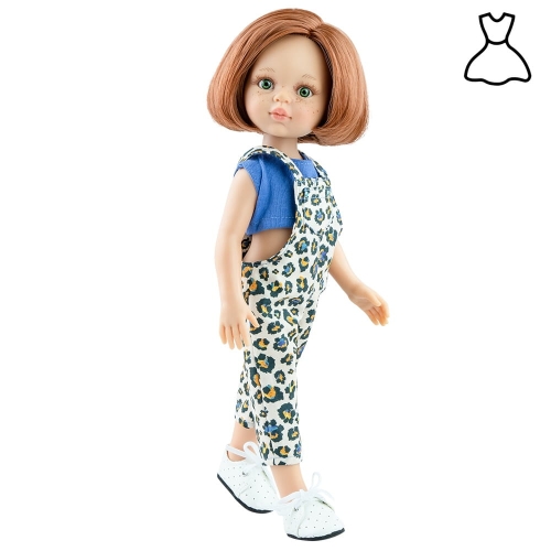 Oryginalne ubranko Paola Reina dla lalki 32 cm Amigas 54467 niebieska bluzka top, spodnie ogrodniczki w kwiatuszki