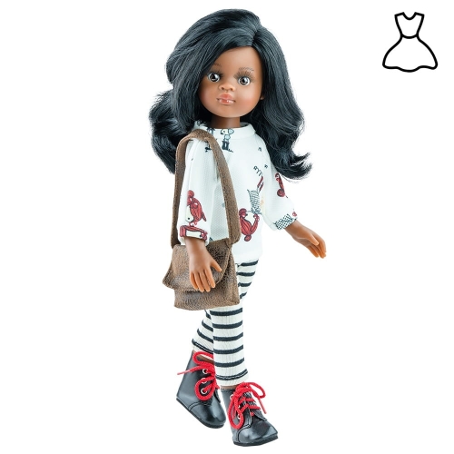 Oryginalne ubranko Paola Reina dla lalki 32 cm Amigas 54474 bluza z długim rękawem, legginsy w paski, brązowa torba na ramię