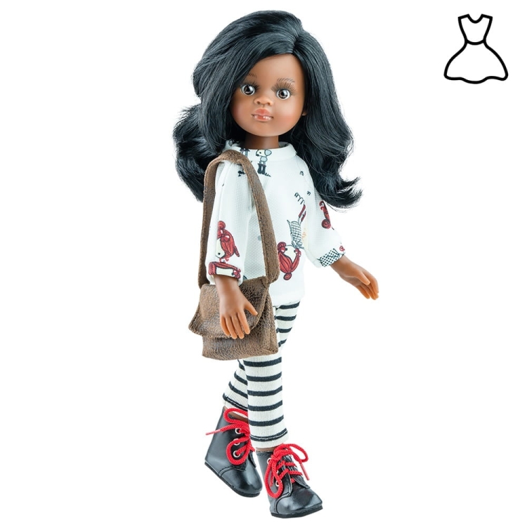 Oryginalne ubranko Paola Reina dla lalki 32 cm Amigas 54474 bluza z długim rękawem, legginsy w paski, brązowa torba na ramię