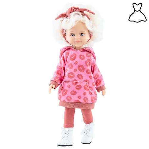 Oryginalne ubranko Paola Reina dla lalki 32 cm Amigas 54526, różowo-beżowy komplet: bluza z kapturem, legginsy, opaska na głowę