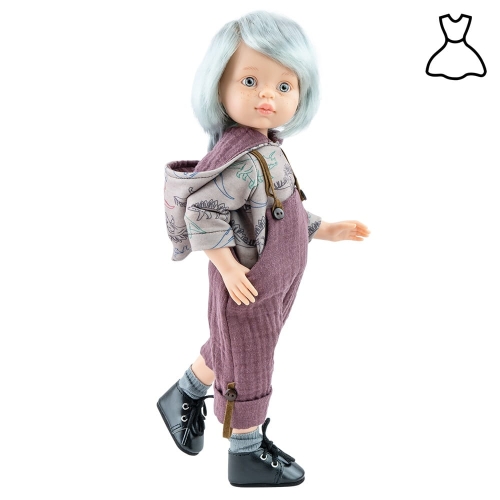 Oryginalne ubranko Paola Reina dla lalki 32 cm Amigas 54855, bluza z kapturem wzór dinozaury, spodnie ogrodniczki z muślinu, skarpetki