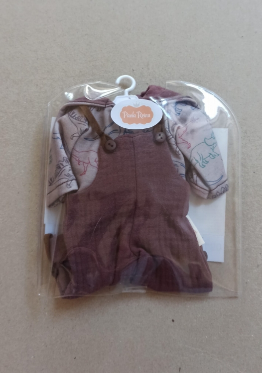 Oryginalne ubranko Paola Reina dla lalki 32 cm Amigas 54855, bluza z kapturem wzór dinozaury, spodnie ogrodniczki z muślinu, skarpetki