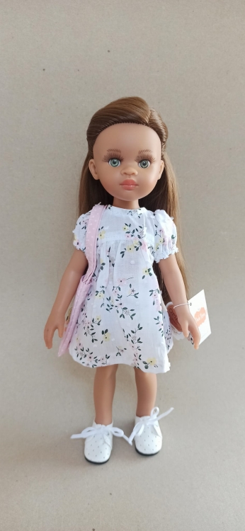 Lalka Hiszpańska 32 cm Paola Reina Amigas 04470 Simona, klasyczna, cała z winylu, ciemna skóra, zielone oczy, brązowe włosy, sukienka, majteczki, torebka, wiązane białe buciki