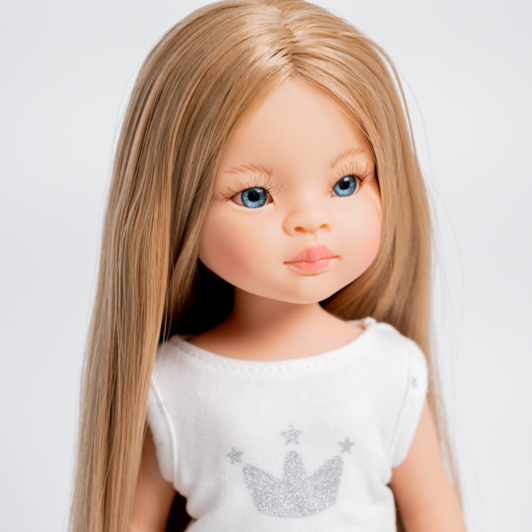 Lalka Hiszpańska 32 cm Paola Reina Amigas 13208 Manica, klasyczna, cała z winylu, w piżamce, długie do kostek proste blond włosy, niebieskie oczy