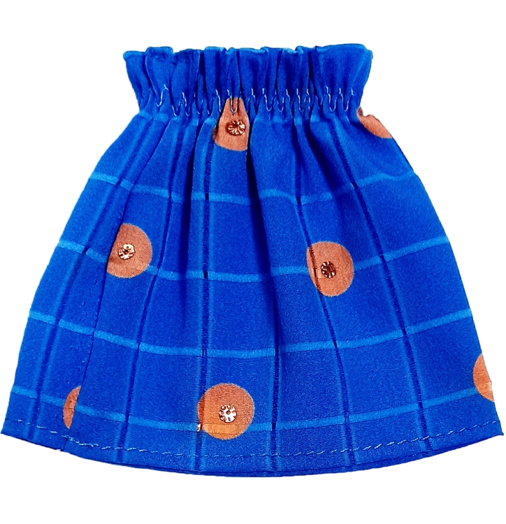 Spódniczka dla lalki Paola Reina Amigas 32 cm, niebieska, w delikatną kratę, w pomarańczowe grochy z cekinami