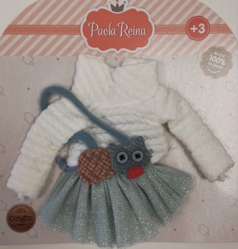 Oryginalne ubranko Paola Reina dla lalki 32 cm Amigas 54527, dzianinowy biały sweterek, błękitna tiulowa spódniczka, błękitne rajstopki ze srebrna nitką, torebka
