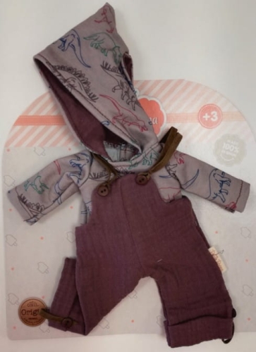 Oryginalne ubranko Paola Reina dla lalki 32 cm Amigas 54855, bluza z kapturem wzór dinozaury, spodnie ogrodniczki z muślinu, skarpetki