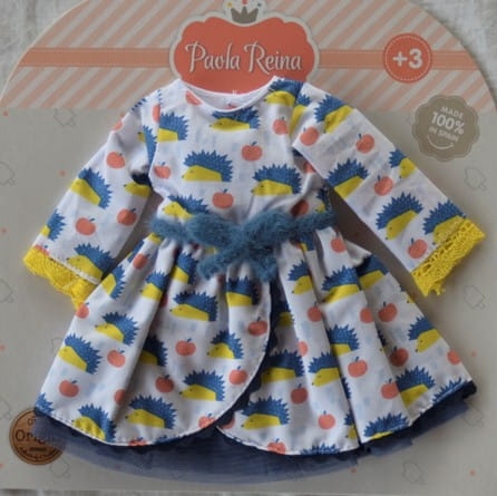 Oryginalne ubranko Paola Reina dla lalki 32 cm Amigas 54464 sukienka w żółto-niebieskie jeżyki, majteczki, granatowe skarpetki