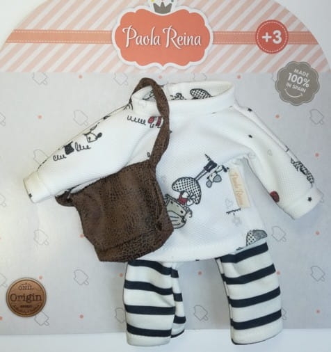 Oryginalne ubranko Paola Reina dla lalki 32 cm Amigas 54474 bluza z długim rękawem, legginsy w paski, brązowa torba na ramię