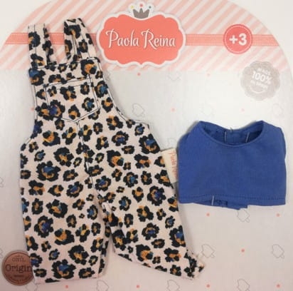 Oryginalne ubranko Paola Reina dla lalki 32 cm Amigas 54467 niebieska bluzka top, spodnie ogrodniczki w kwiatuszki