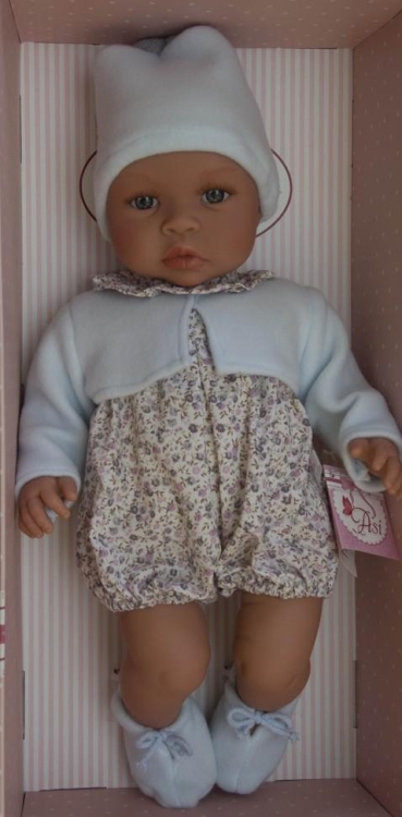 Lalka Hiszpańska 46 cm ASI 0183471 Leo, bobas bez włosów, z rzęsami, miękki brzuszek, w ubranku