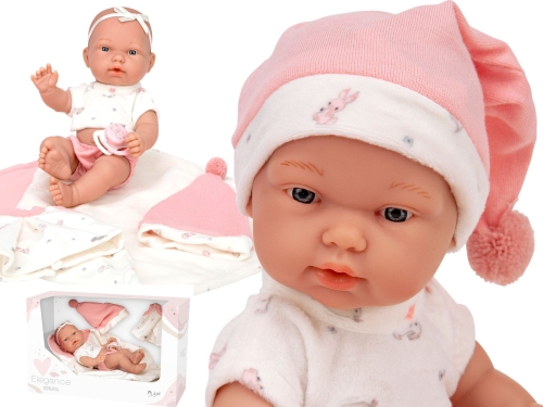 Lalka Hiszpańska 26 cm Arias 60691 bobas bez włosów, cała z winylu, w ubranku, kocyk, smoczek
