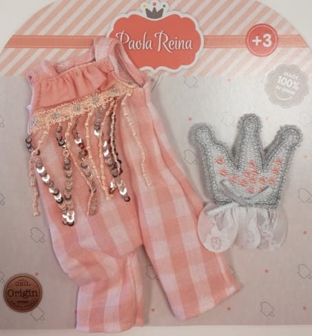 Oryginalne ubranko Paola Reina dla lalki 32 cm Amigas 54449 kombinezon w kratkę, opaska korona na głowę