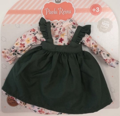 Oryginalne ubranko Paola Reina dla lalki 32 cm Amigas 54853, sukienka w kwiatuszki, zielona sukienka ogrodniczka, majteczki
