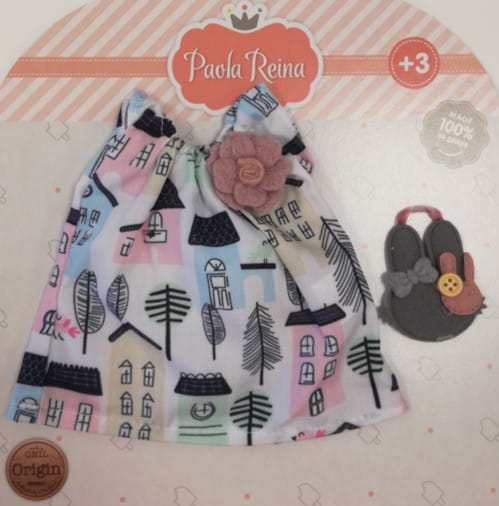 Oryginalne ubranko Paola Reina dla lalki 32 cm Amigas 54457, sukienka we wzorki z ozdobnym kwiatuszkiem, majteczki, torebka, skarpetki