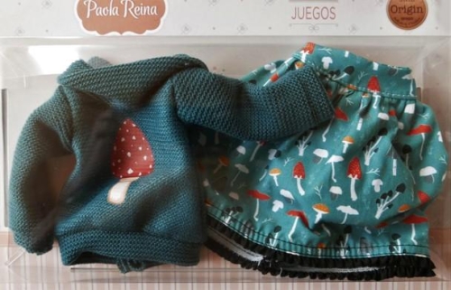 Oryginalne ubranko Paola Reina dla lalki 32 cm Amigas 54854, zielony sweterek z aplikacją, spódniczka w muchomorki, majteczki, skarpetki
