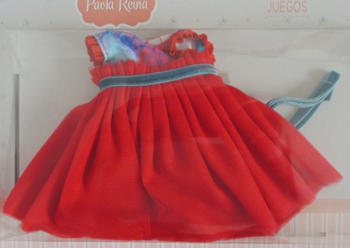 Oryginalne ubranko Paola Reina dla lalki 32 cm Amigas 54522, sukienka dół z czerwonego tiulu, opaska na głowę, majteczki, czerwone skarpetki
