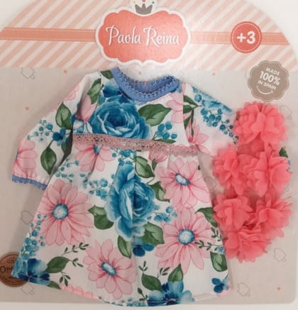 Oryginalne ubranko Paola Reina dla lalki 32 cm Amigas 54453 sukienka w kwiatuszki, majteczki, różowa tiulowa opaska ozdobna na głowę