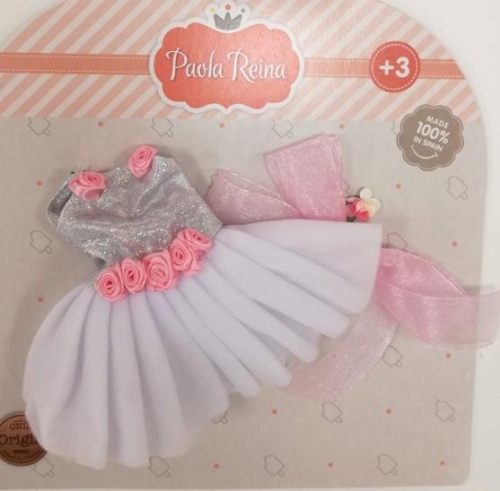 Oryginalne ubranko Paola Reina dla lalki 32 cm Amigas 54447 body baletowe srebrno-białe z różowymi kwiatuszkami, białe rajstopki, różowa wstążka do włosów