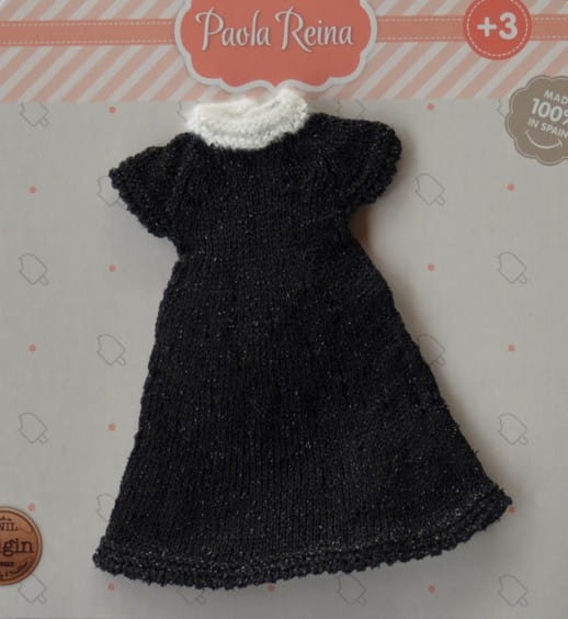 Oryginalne ubranko Paola Reina dla lalki 32 cm Amigas 54481 czarna sukieneczka z dzianiny z białym kołnierzykiem, majteczki