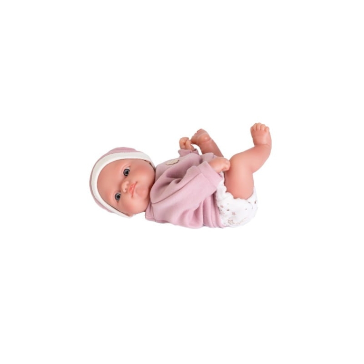 Lalka Hiszpańska 21 cm Antonio Juan 85212 Mufly, bobas cały z winylu, dziewczynka, bez włosów, w ubranku, nosidełko