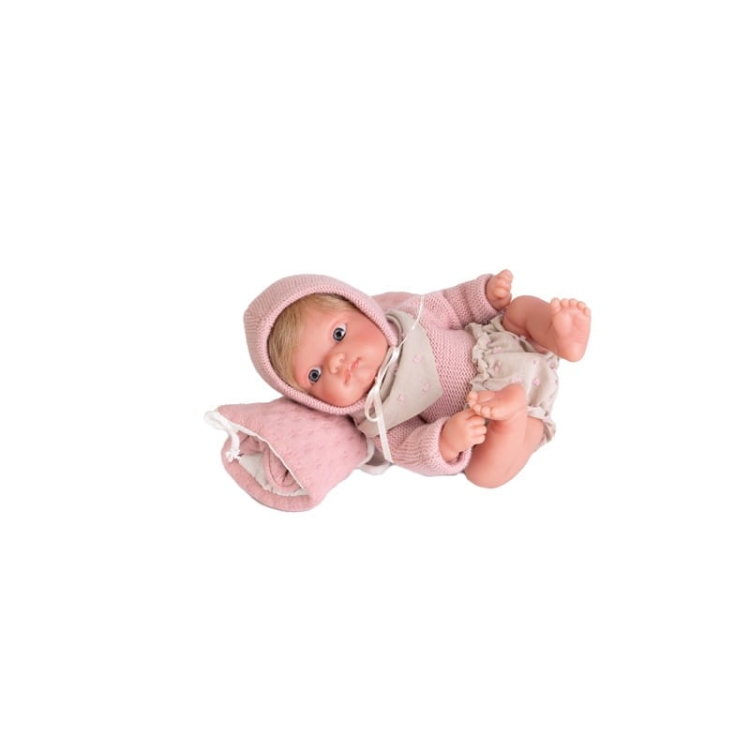 Lalka Hiszpańska 21 cm Antonio Juan 85211 Mufly, bobas cały z winylu, dziewczynka, krótkie blond włosy, w ubranku, torebka na ramię służąca jako nosidełko czy śpiworek