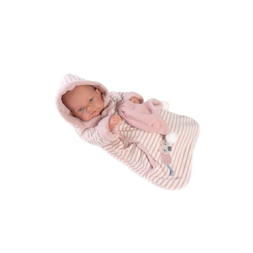 Lalka Hiszpańska 42 cm Antonio Juan 50279 Nica, bobas cały z winylu, dziewczynka, bez włosów, rzęsy, w ubranku, śpiworek