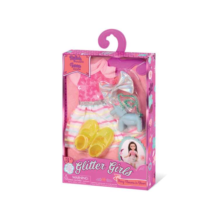 Ubranko dla lalki Glitter Girls 36 cm 50021 Shiny Flowers In Bloom, sukienka, żółte buciki, spinka do włosów, torebka w kształcie jednorożca