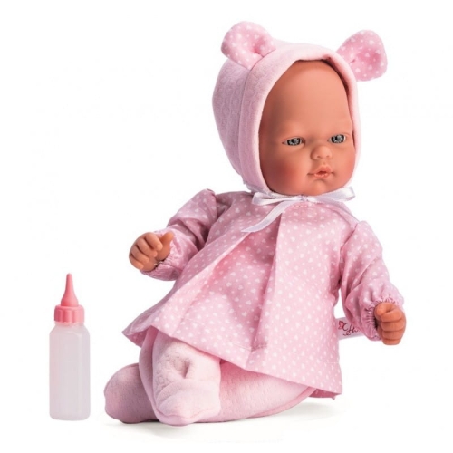 Lalka Hiszpańska 30 cm ASI 0456740 Oli, bobas bez włosów, miękki brzuszek, w różowym ubranku, buteleczka