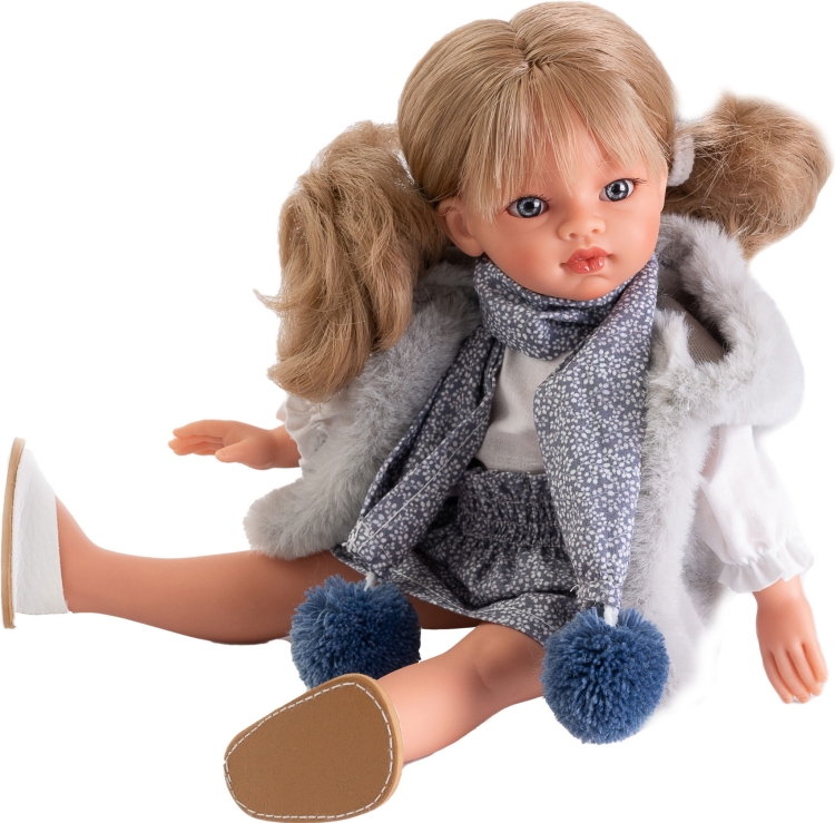 Lalka Hiszpańska 33 cm Antonio Juan 25297 Emily, klasyczna, cała z winylu, w ubranku, blond włosy z grzywką, rzęsy
