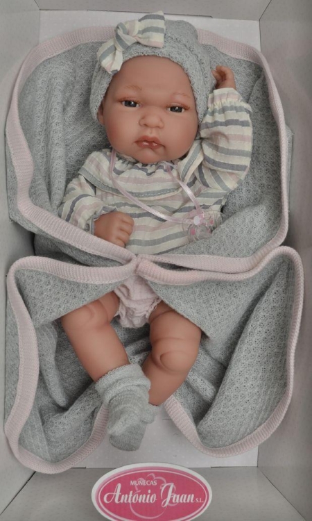 Lalka Hiszpańska 33 cm Antonio Juan 60029 Baby Toneta, bobas cały z winylu, dziewczynka, ubranko, smoczek, dwustronny kocyk