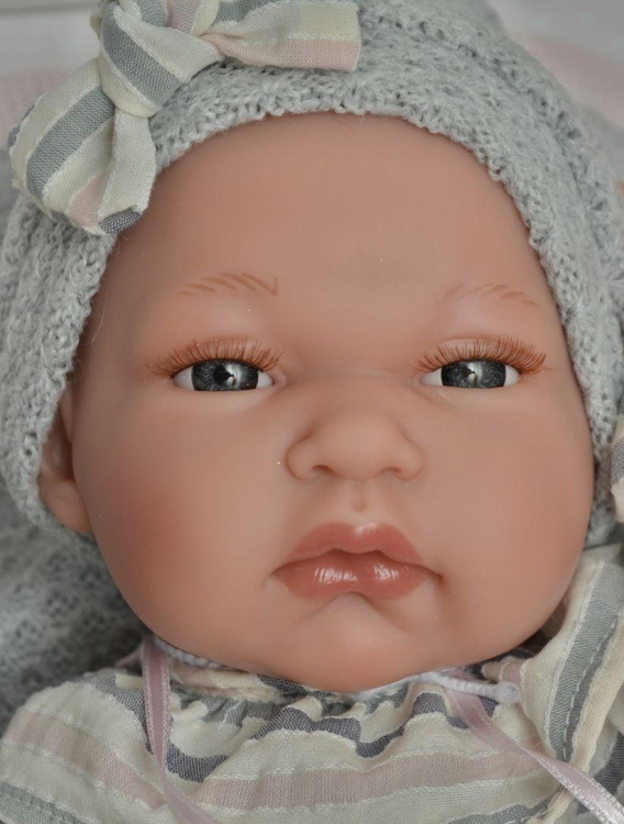 Lalka Hiszpańska 33 cm Antonio Juan 60029 Baby Toneta, bobas cały z winylu, dziewczynka, ubranko, smoczek, dwustronny kocyk