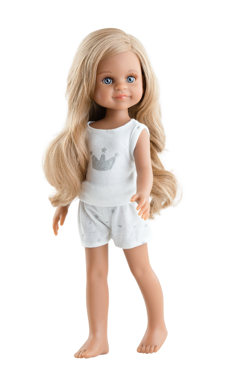 Lalka Hiszpańska 32 cm Paola Reina Amigas 13220 Simona, klasyczna, cała z winylu, w piżamce, długie do pasa blond włosy, niebieskie oczy, śniada skóra