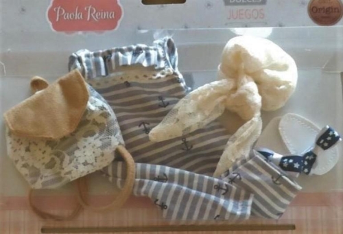 Oryginalne ubranko Paola Reina dla lalki 32 cm Amigas 54434 opaska na głowę, kombinezon w paski, buty klapeczki, plecaczek