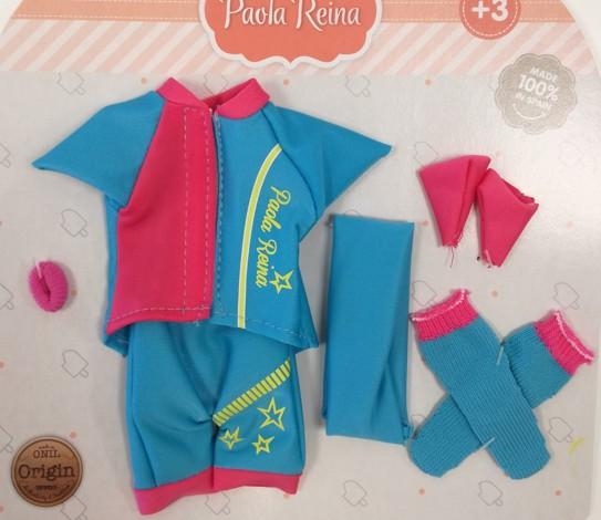Oryginalne ubranko Paola Reina dla lalki 32 cm Amigas 54654, strój rowerzystki: bluzka, spodenki, skarpetki, opaska na głowę, rękawiczki bez palców