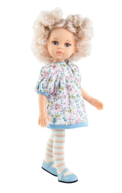 Lalka Hiszpańska 32 cm Paola Reina Amigas 04483 Mari Pili, klasyczna, cała z winylu, niebieskie oczy, białe perłowe z odcieniem różu włosy do ramion, sukienka w kwiatuszki, rajstopki w paseczki, niebieskie buciki