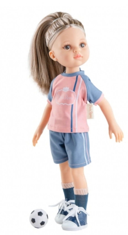 Lalka Hiszpańska 32 cm Paola Reina Amigas 04663 Monica futbolistka, klasyczna, cała z winylu, brązowe oczy, proste brązowe z jasnymi pasemkami włosy, strój piłkarki: bluza, spodenki, podkolanówki, trampki
