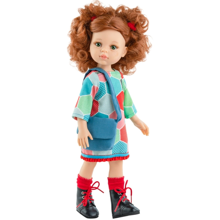Lalka Hiszpańska 32 cm Paola Reina Amigas 04492 Virgi, klasyczna, cała z winylu, zielone oczy, kręcone rude włosy, piegi na buzi, sukienka, majteczki, czerwone skarpety, czarne wiązane buciki