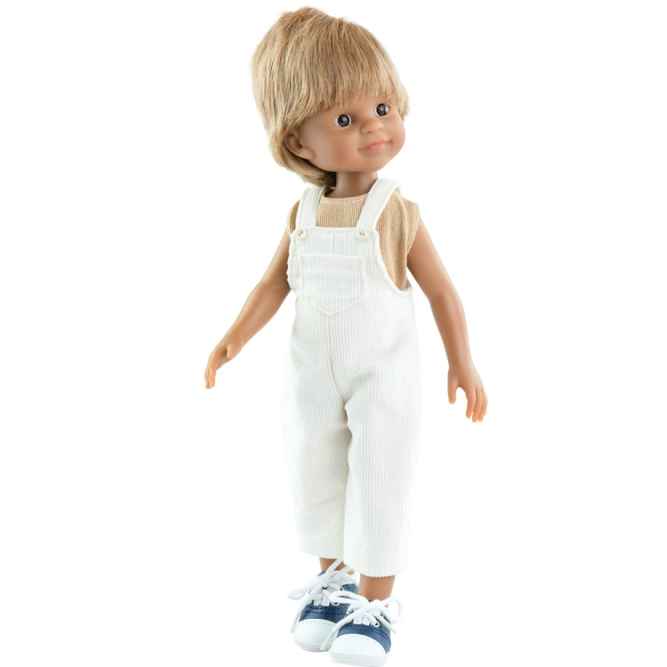 Lalka Hiszpańska 32 cm Paola Reina Amigas 04493 Martin, klasyczna, cała z winylu, brązowe oczy, blond włosy, koszulka, sztruksowe spodnie ogrodniczki, trampki