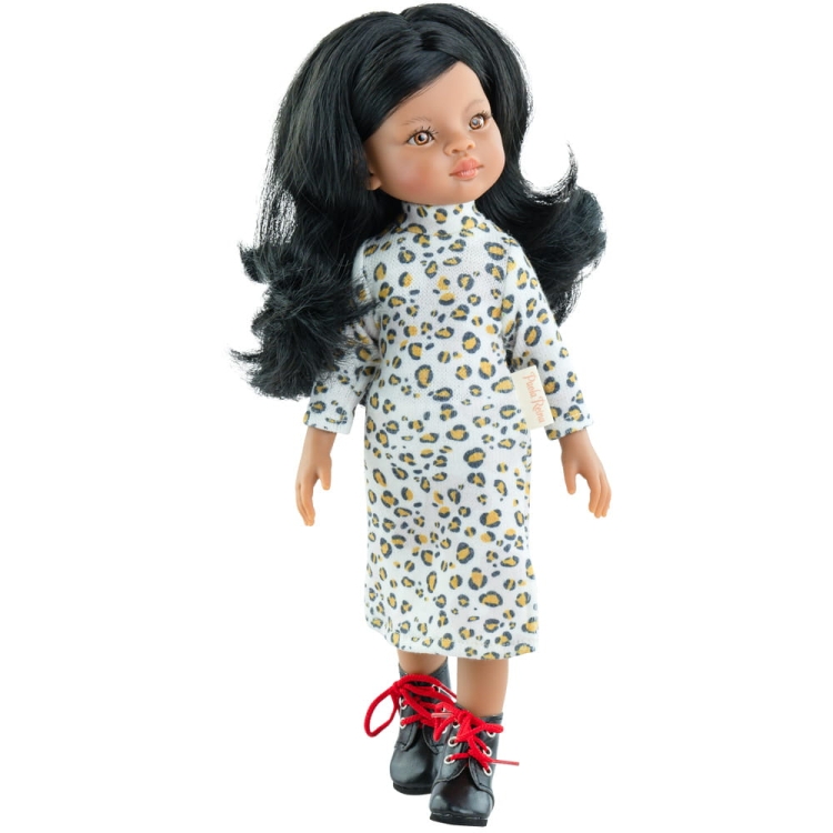 Lalka Hiszpańska 32 cm Paola Reina Amigas 04484 Ana Maria, klasyczna, cała z winylu, ciemna skóra, bursztynowe oczy, czarne lekko falowane włosy, sukienka, wiązane czarne buciki