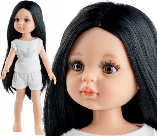 Lalka Hiszpańska 32 cm Paola Reina Amigas 13222 Carina, klasyczna, cała z winylu, w piżamce, długie do kolan czarne proste włosy, brązowe oczy
