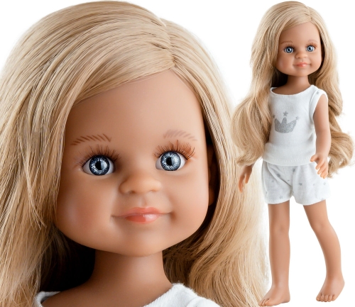 Lalka Hiszpańska 32 cm Paola Reina Amigas 13220 Simona, klasyczna, cała z winylu, w piżamce, długie do pasa blond włosy, niebieskie oczy, śniada skóra