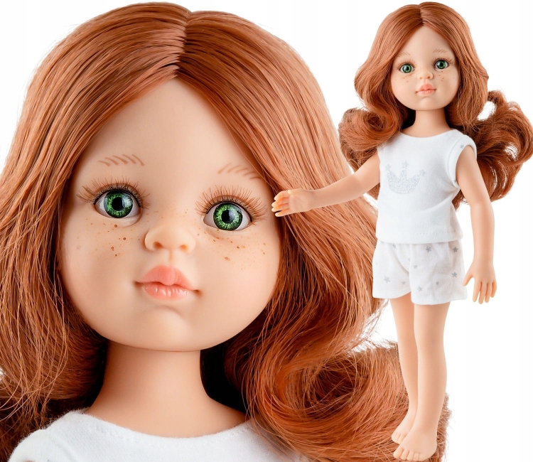 Lalka Hiszpańska 32 cm Paola Reina Amigas 13219 Cristi, klasyczna, cała z winylu, w piżamce, rude włosy do pasa, zielone oczy, piegi na buzi