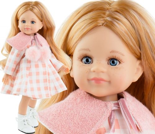 Lalka Hiszpańska 32 cm Paola Reina Amigas 04490 Conchi, klasyczna, cała z winylu, niebieskie oczy, blond włosy  z jasnymi pasemkami, sukienka, płaszczyk, majteczki, białe wiązane buciki