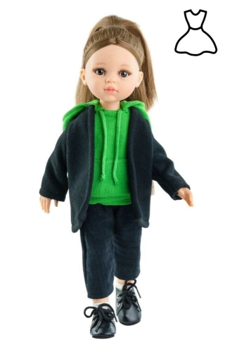 Oryginalne ubranko Paola Reina dla lalki 32 cm Amigas 54486 zielona bluza z kapturem, czarna kurtka, czarne spodnie, białe skarpetki