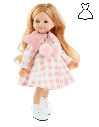 Oryginalne ubranko Paola Reina dla lalki 32 cm Amigas 54490 sukienka w kwiaty, płaszczyk w kratkę, dwustronna narzutka z pomponikami, majteczki