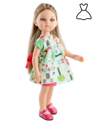 Oryginalne ubranko Paola Reina dla lalki 32 cm Amigas 54496, jasnozielona sukienka we wzorki, majteczki